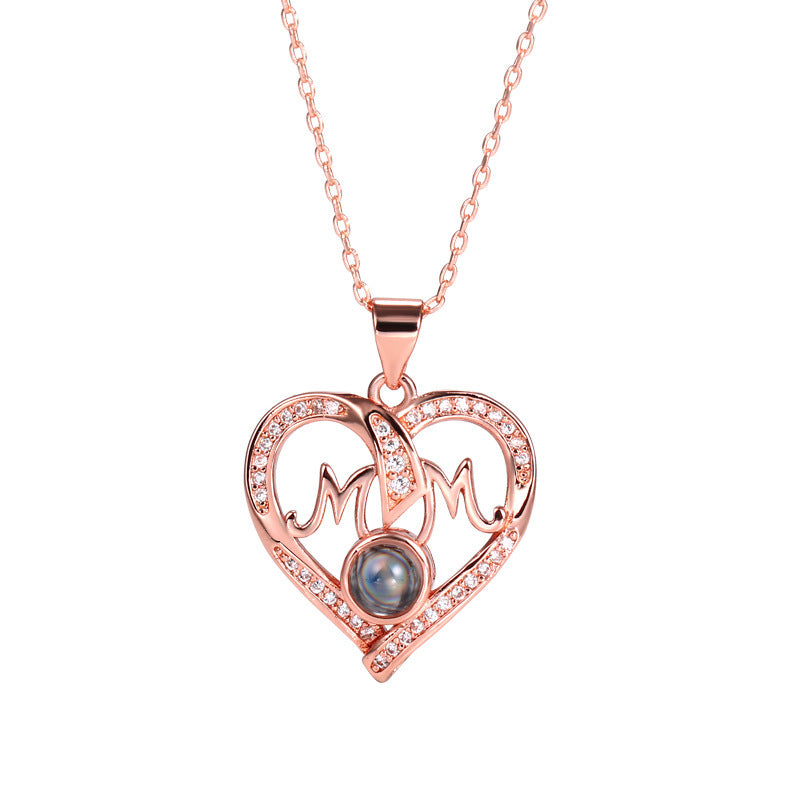 Wholesale Mother's Day Double Love Mom Diamond Set Copper Necklace